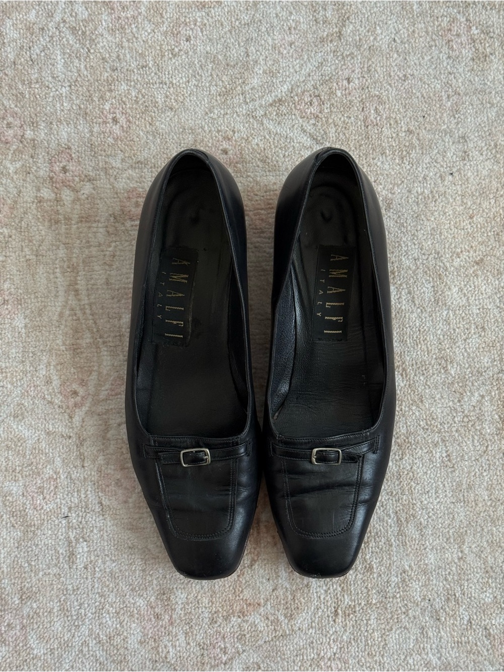 Amalfi Black Leather Square-Toe Loafers with Buckle Accent